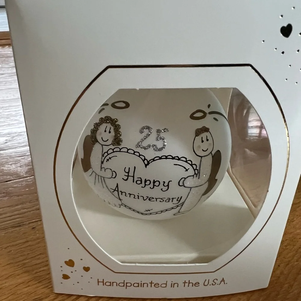 Hand painted glass 25th anniversary ornament